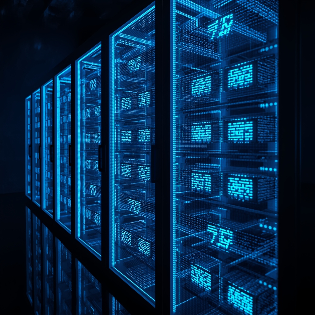 Abstract server racks with glowing neon cyan fiber optic data lines and high-tech digital nodes, dark background, unreal engine 5 render, no people
